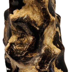 Carved black opal flame specimen sians emporium Polished black opal flame carving displaying glossy jet black body tone creamy tan veining and natural matrix patterns on an isolated white background
